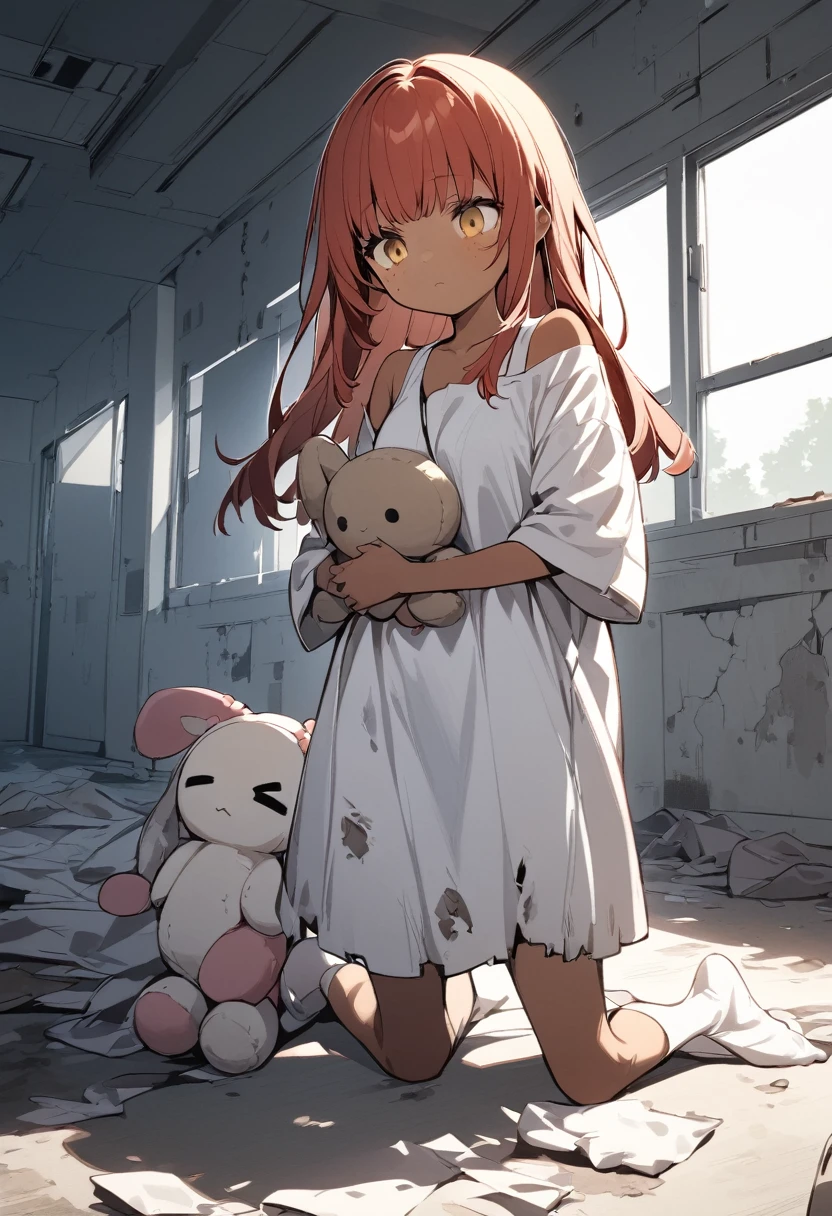 full body,1 girl, Android girl, (cute:1.3),red Hair, long hair,left eye yellow, right eye blus, tan skin, freckles, {Bare shoulders, oversized torn hospital gown, old, dirty material, emotionless eyes, holding rabbit plushie, sad face, no shoes, abandoned hospital 
