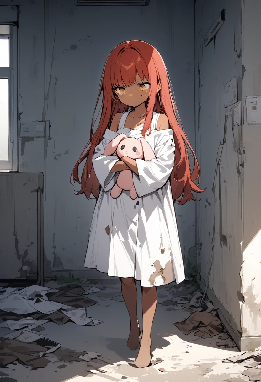full body,1 girl, Android girl, (cute:1.3),red Hair, long hair,left eye yellow, right eye blus, tan skin, freckles, {Bare shoulders, oversized torn hospital gown, old, dirty material, emotionless eyes, holding rabbit plushie, sad face, no shoes, abandoned hospital 

