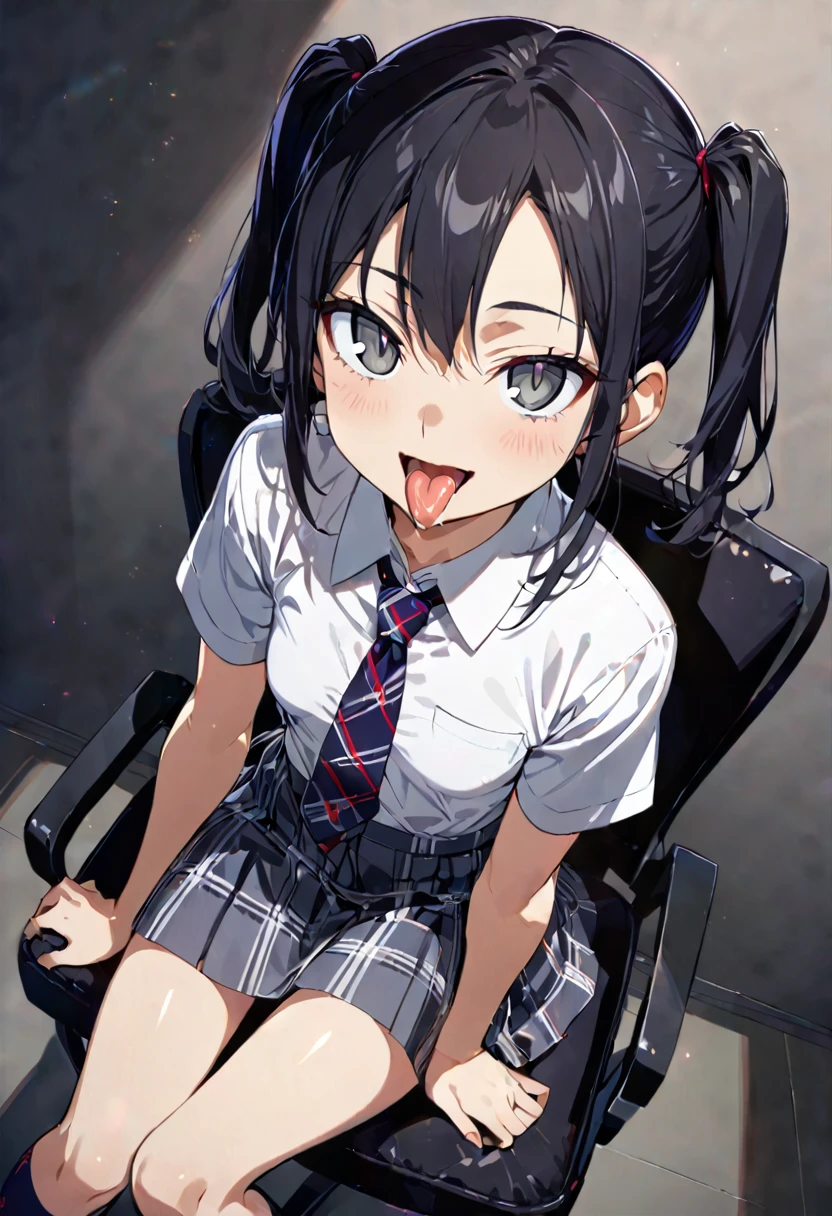 handjob,Sit in a black chair,side view,Short sleeve shirt,Checked tie,Checked Skirt,Navy Socks,first round,(1girl,Beautiful 14 year old girl),((Slender,,low length,Small breasts,Thin legs,Small Ass,Baby Face,Small face)),lick,open mouth,tongue out,cum on tongue,front face,from front,looking at viewer, looking ahead,from above,cowboy shot,Black Hair,two side up,Gray Eyes,Drooping eyes,slit pupils,narrow eyes.middle School girls,Beautiful and detailed anime art,Mischievous smile,Sexy vibe,Dimly lit room,Simple Background,Gray background,Low lighting