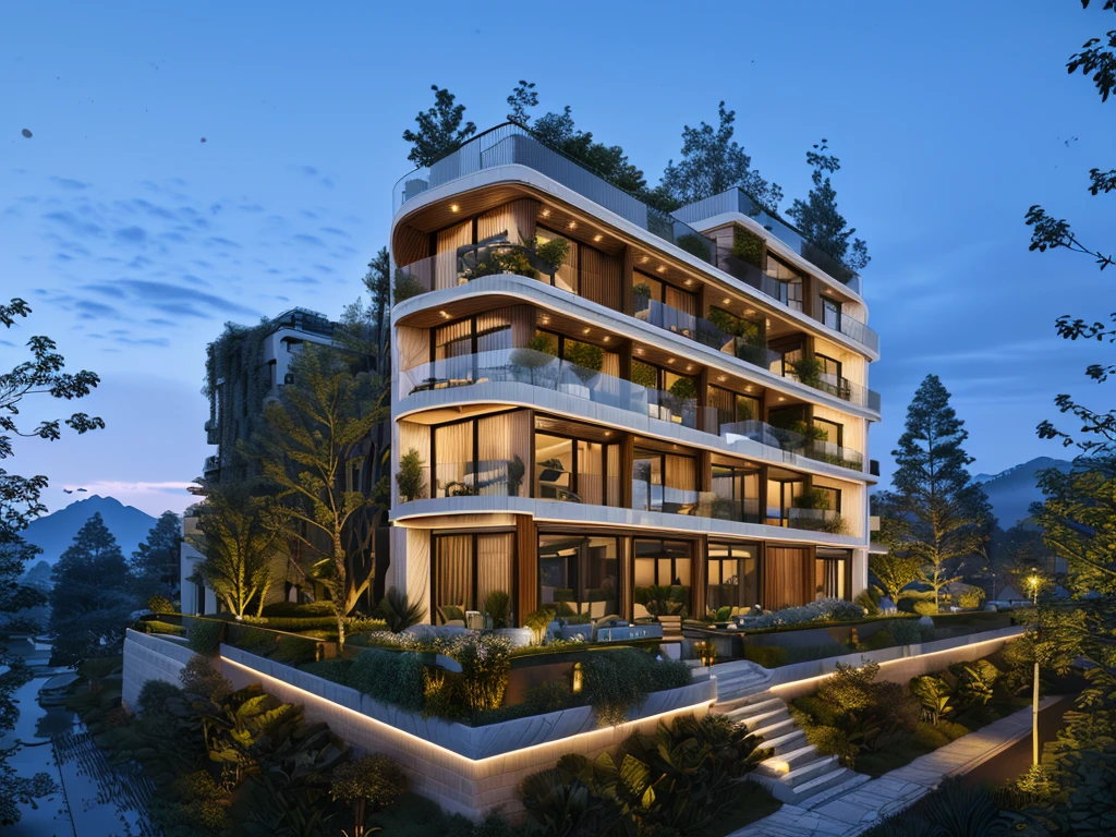 3D render of a beautiful house, Dark, gray tones, white wall. lumion render, night time render, insanely detailed rendering, realistic architecture, architectural visualization. The house is adorned with elegant lighting and plants to enhance its exterior appearance in a Vietnam city street. The staircase leading into the house is tiled with black marble and has bright LED lights. Behind are hills and mountains with clear blue sky. balcony with green plants. The main door is made of black aluminum and glass reaching up to the ceiling. Looking through the glass windows to look inside the house with luxurious interiors with luxurious and warm lights, interior lighting rendering and lighting effects. marble and wood and glass, dark and modern, luxcore render, taken with professional photography techniques, using a wide angle lens with bright natural light and high resolution details, in the style of professional photograph, hyper realistic, highly detailed.