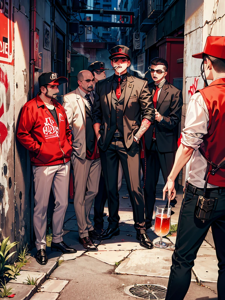 a group of mafia gangs were smoking and drinking. someone vomits against a graffiti background in a corner alley of the city with red highlights