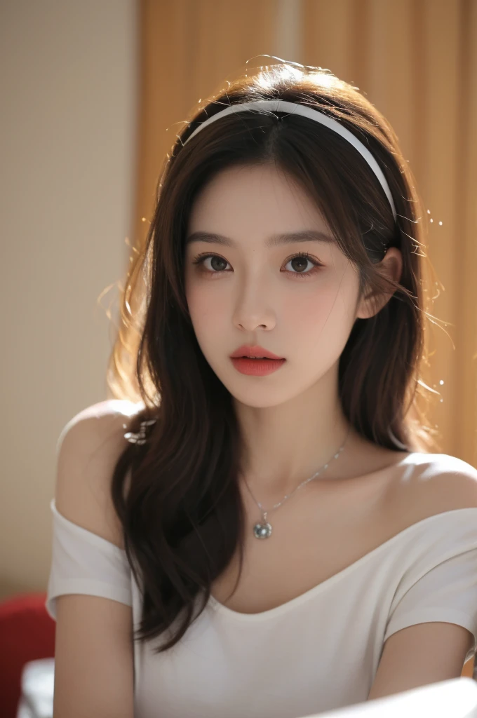 Film portrait photography, 1 girl, bare shoulders,lipstick,(flat chest:1.4), Shoulder length wavy hair, wear necklace,Headbands,short sleeves,serene, calm, (Realistic and detailed eyes, natural skin texture, Realistic facial details), Soft dramatic lighting, depth of field, Bokeh, Vibrant details, detailed meticulous, hyper-realistic, 35mm film, hazy, in room