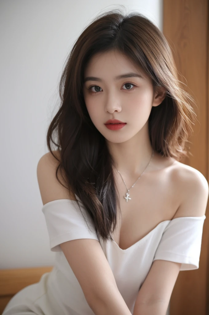 Film portrait photography, 1 girl, bare shoulders,lipstick，（flat chest：1.4）， Shoulder length wavy hair, wear necklace，Headbands，short sleeves，serene, calm, (Realistic and detailed eyes, natural skin texture, Realistic facial details), Soft dramatic lighting, depth of field, Bokeh, Vibrant details, detailed meticulous, hyper-realistic, 35mm film, hazy, in room