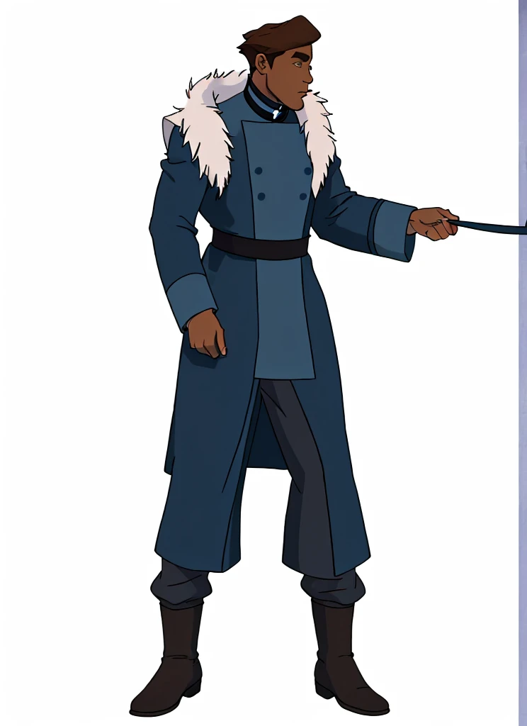 African-American dark-skinned low short hair style, low shaky hair, skinny, low short hair. waist:% A deep blue uniform cloth cloak decorated with white fur
A purple uniform cloth coat with blue long sleeves
A deep blue uniform cloth pants
A pair of dark grey leather arm bands with brown border
A dark grey leather choker with buttons
A purple uniform cloth girdle, dark purple pants