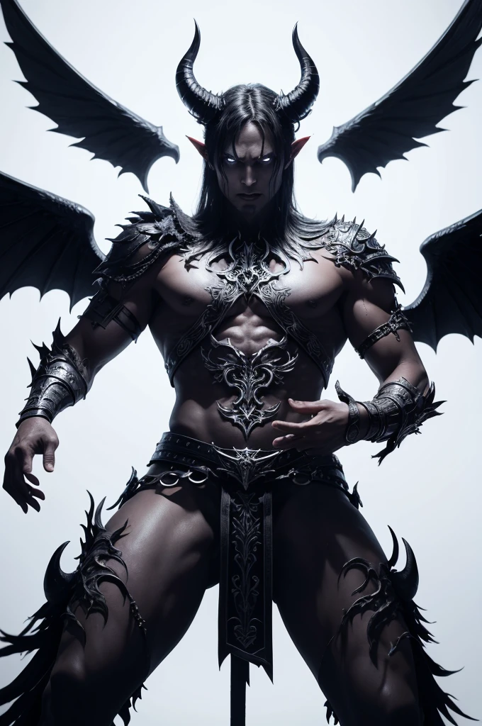 demon with wings and horns, he has his hands up, White background
