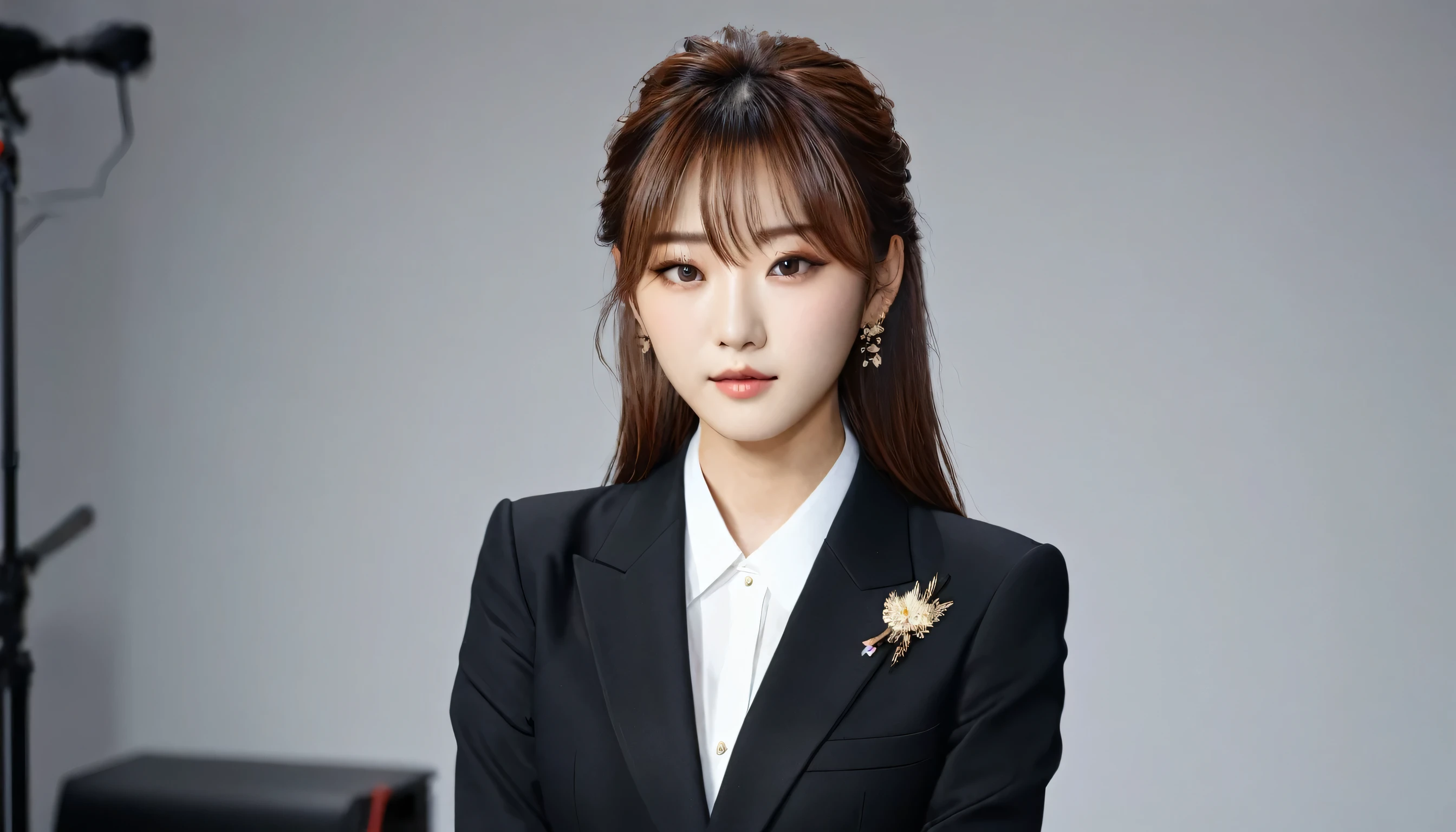 masterpiece、1 beautiful girl、fine grain、Puffy eyes、Highest quality, 超High resolution, (reality: 1.4), Cinema Lighting、Japanese、Asian Beauty、so beautiful、Beautiful Skin、thin、Body facing forward、(超reality的な)、(High resolution)、(8K)、(Very detailed)、(beautiful fine grains)、(Very detailed)、 (wall-)、Detailed face、Bright lighting、Professional Lighting、Looking at the audience、Look straight ahead、(Dressed in a black business suit.)、Television Station,News Studio,Sitting at a desk,Long Hair, Beautiful Hair, Asymmetrical bangs, 、Brown Hair、Japanese Idols、news caster、Fiery idol pose、、21 years old、expensive, Serious expression,