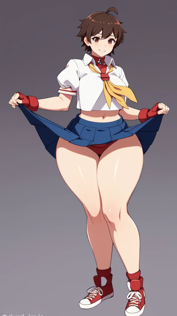 masterpiece, Highest quality,  High resolution,  1girl, solo, Sakura MS,  kasugano sakura, milf, shiny, oily skin, Brown eyes, Brown Hair, short hair, bangs, Ahoge, head band, , Puffy sleeves, Crop top, neckerchief, midriff, ((blue mini skirt)), ultra short skirt, Fingerless gloves, Thighs Thighs Thighs, (thick thighs, voluptuous thighs, ample thighs), White socks, Red footwear, Very detailed, More detailed,Proper body balance,Ultra-high quality output images,High resolution,Intricate details,Very delicate and beautiful hair, simple background, smile, discovery stance, bare legs, full body, (from side:0.7),