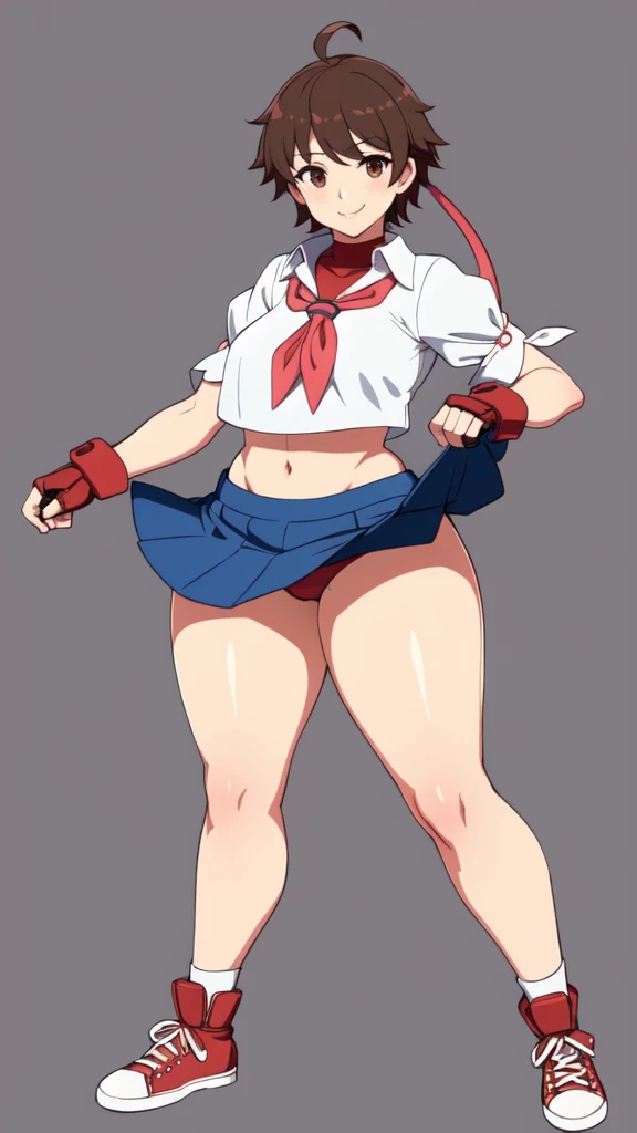 masterpiece, Highest quality,  High resolution,  1girl, solo, Sakura MS,  kasugano sakura, milf, shiny, oily skin, Brown eyes, Brown Hair, short hair, bangs, Ahoge, head band, , Puffy sleeves, Crop top, neckerchief, midriff, ((blue mini skirt)), ultra short skirt, Fingerless gloves, Thighs Thighs Thighs, (thick thighs, voluptuous thighs, ample thighs), White socks, Red footwear, Very detailed, More detailed,Proper body balance,Ultra-high quality output images,High resolution,Intricate details,Very delicate and beautiful hair, simple background, smile, discovery stance, bare legs, full body, (from side:0.7),