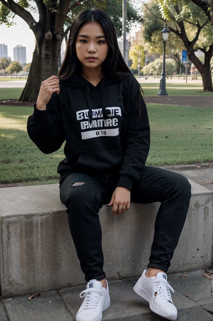 A beautiful girl from Thailand, wearing a black hoodie with text on it (LD), wearing black jeans, wearing black sneakers,sitting in a park, Realistic, full HD, high contrast,16k