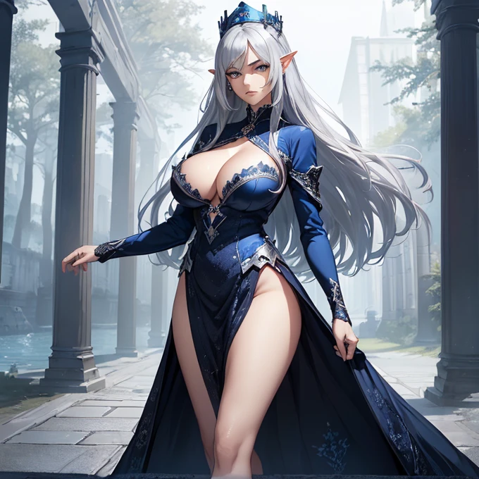 (absurdres, best high quality image, carefuly detailed features and textures, very detailed image, solo character alone, full character view): {{Elf queen 1.000 years old mature adult milf} (beautiful face, sexy feminine and sexy features, beautiful silver eyes, voluptuous body, big breasts, beautiful legs, dark blue long straight hair, black blue eyebrows), (blue long royal dress, silver crown, blue long royal sleeves middle finger sleeves, cleavage), (serious face, analytical demeanor, full of wisdom and seriousness), (walking on the lake from the grey forest full of grey abd red trees)}}