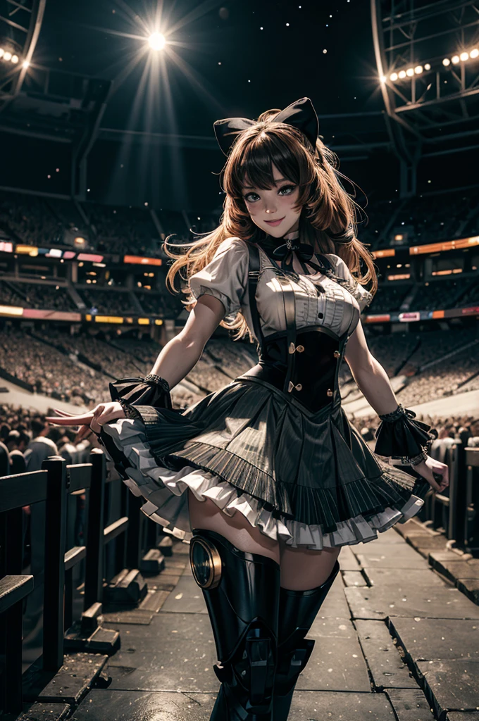 cowboy shot, (dynamic pose), smile,  underbust, Penny Polendina, long hair, neck ribbon, suspender skirt, corset, black bow, white blouse, mechanical legs, neon trim, standing, in sport stadium, spectators, crowd, BREAK night, stars, moon, snow, BREAK  (volumetric lighting), intricate details, tonemapping, sharp focus, hyper detailed

