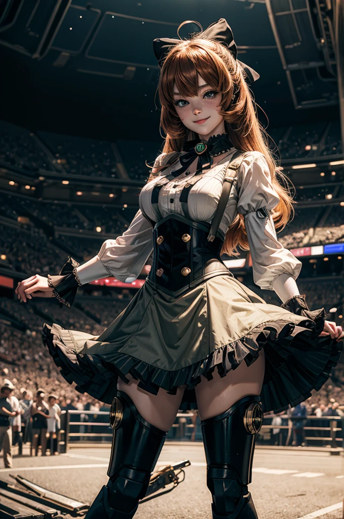 cowboy shot, (dynamic pose), smile, underbust, Penny Polendina, long hair, neck ribbon, suspender skirt, corset, black bow, white blouse, mechanical legs, neon trim, standing, in sport stadium, spectators, crowd, BREAK night, stars, moon, snow, BREAK (volumetric lighting), intricate details, tonemapping, sharp focus, hyper detailed