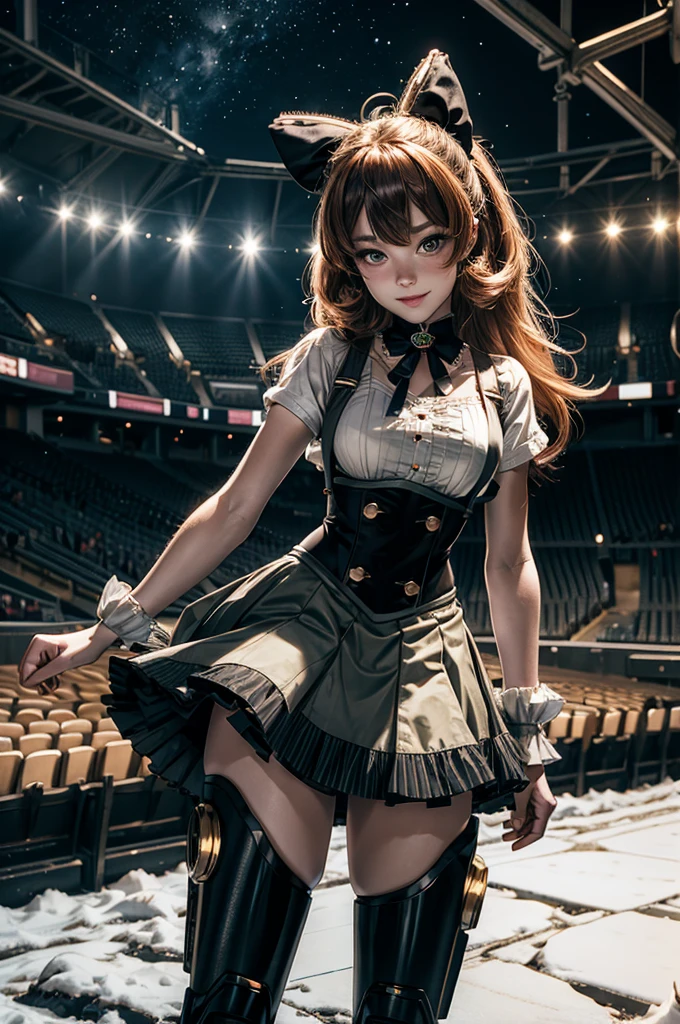 cowboy shot, (dynamic pose), smile, underbust, Penny Polendina, long hair, neck ribbon, suspender skirt, corset, black bow, white blouse, mechanical legs, neon trim, standing, in sport stadium, spectators, crowd, BREAK night, stars, moon, snow, BREAK (volumetric lighting), intricate details, tonemapping, sharp focus, hyper detailed
