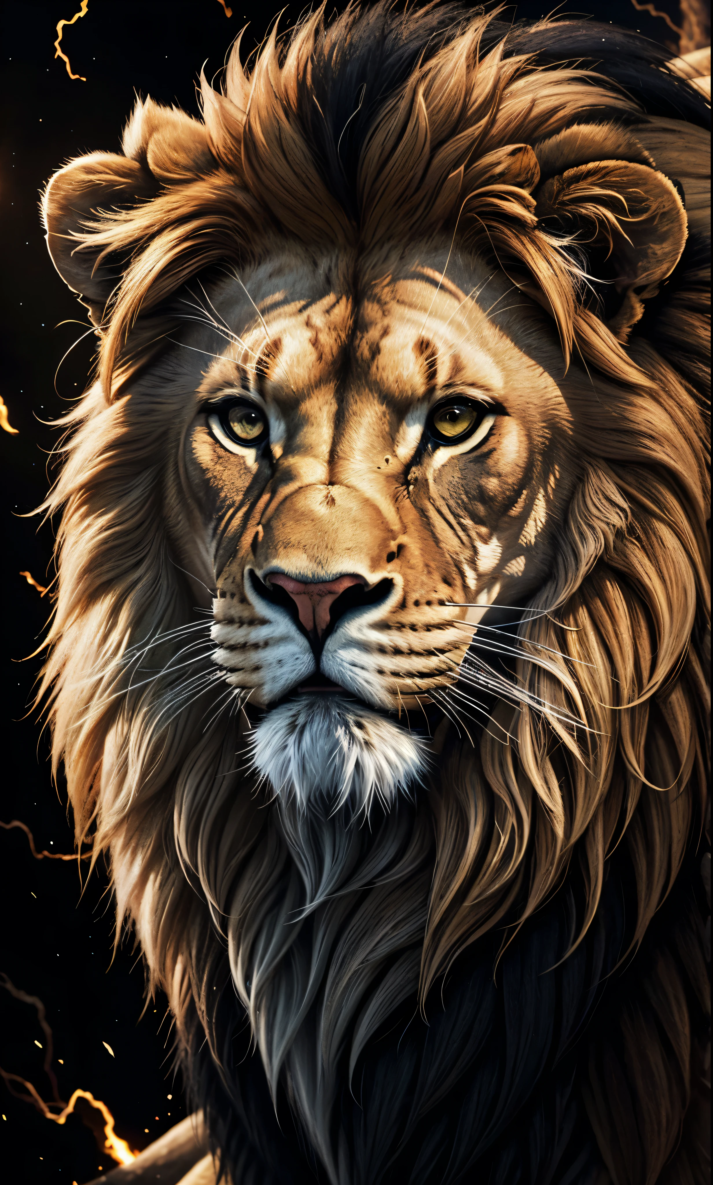 Lion, Divine Lion, naturals, naturals, ferocious, masculine, mighty, golden lion, Thunder Storm, fire rays, Energy, Powerful Lion, Beautiful nature, Great Realistic Lion, FullHD 8K, Sky ligh, Sunset Night, Ligh Sky Sun, Balck Golden, black andwhite, black and gold, detailed realistic face, 8K Detailed Realistic White Lion, Ultrarealistic 8k |, Energia de thunder realista detalhada, Strong Creature realista detalhada, Strong Creature, Lion macho, Rendering, Fotorrealista 8K, UltraHD Alta definição 8K, Detailed Realistic 16K, Nitidez Fotorrealista 8K, 16K photorealistic textures, Contraste Fotorrealista 8K, Sombras Fotorrealistas 8K, Luzes Fotorrealistas 8K, Detailed realistic sunset, Detailed Realistic Lion Face, Detailed realistic light, detailed textures, thunder, detailed shadows, detailed colors, Celestial Electricity, Golden thunder, Lion realista, Ultra Realistic 16K, Realistic 16K, Realistic 16K sharpness, 16K photorealistic textures, 16K realistic colors, powerful creature, Majestic power, Power of Heaven, Great Divine, detailed contrast, realistic contrast, high resolution, detailed colors, fire, villany, divine creature, 8K, realistic detailed, 16K, 8K, High definition, detailed contrast, realistic contrast, high resolution, detailed colors, fire, villany, divine creature, realistic detailed, posh, chic