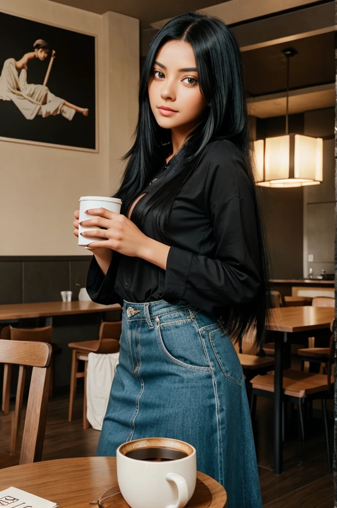 A young cinematic women with long very black hair ,large eyes covered with a good clothing holding a cup of coffee on the table with two hands . professional surroundings in the back