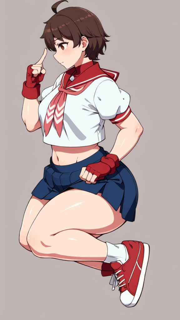 masterpiece, Highest quality,  High resolution,  1girl, 独奏, Sakura MS,  kasugano sakura, milf, shiny, oily skin, Brown eyes, Brown Hair, short hair, bangs, Ahoge, head band, , Puffy sleeves, Crop top, neckerchief, midriff, ((blue mini skirt)), ultra short skirt, Fingerless gloves, Thighs Thighs Thighs, (thick thighs, voluptuous thighs, ample thighs), White socks, Red footwear, Very detailed, More detailed,Proper body balance,Ultra-high quality output images,High resolution,Intricate details,Very delicate and beautiful hair, simple background, Embarrassed look, discovery stance, Bare legs, full body, (from side:0.7),