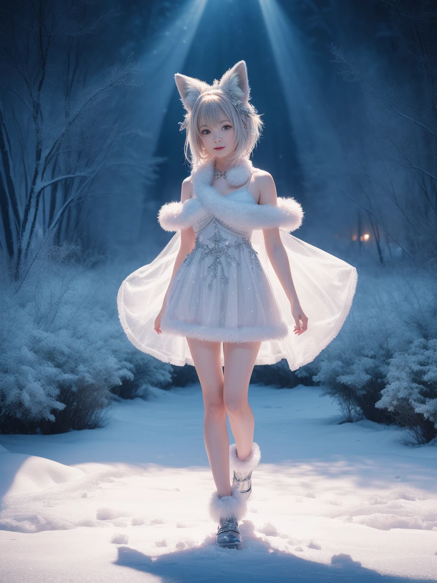 (RAW Photos:1.2), (realisitic:1.4), (highest quallity:1.4), (ultra-high resolution:1.2), (very detailled:1.3), (Hmph:1.2), (cinema lighting:1.3), (Ojo), (yuki:1.2), cute fox, They are standing, (3/4. portraite: 1.2), (Bushy tail: 1.2), (soft fur: 1.2), (Moe: 1.2), (Looking at the audience), (An innocent smile), (smooth light), (to dreamy), (to dream: 1.3), (uncanny: 1.3), (magie: 1.2),  (Winter wonders: 1.3), (Eccentric: 1.2), (fun: 1.2), Bustness, standing alone, said Uehara
