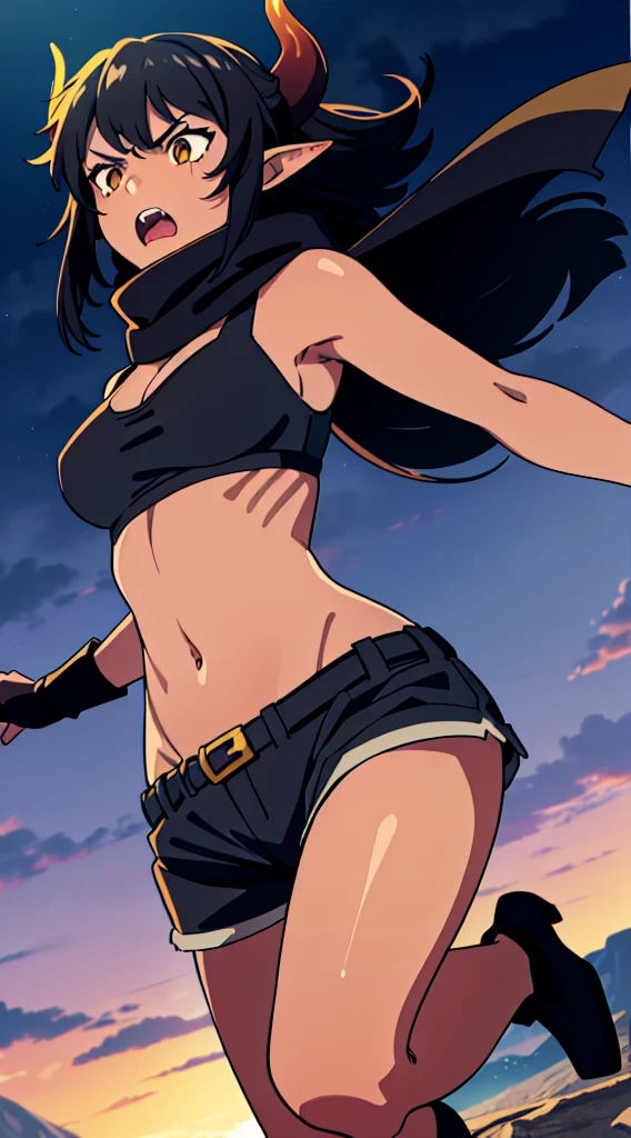 (1girl ,25s,adult,mature female),long hair, black hair,horns,elf ears,((black scarf)),cleavage,((dark skin)),(black sports bra,black sports, shorts, midriff),angry,open mouth,running,from below, montains,lightnings,thunders,night,thunder clouds,leather boots,thunder magic