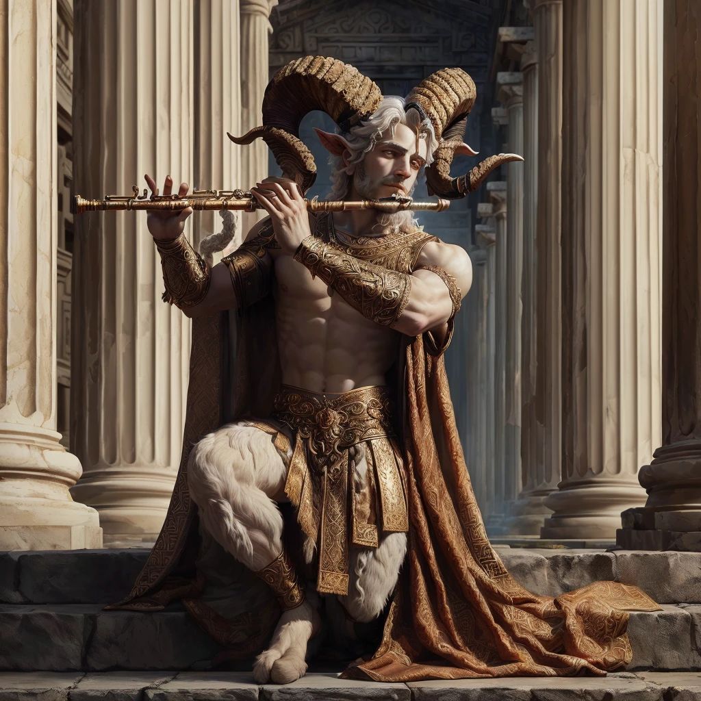 a male satyr playing a flute before a greek temple, white fur, goat horns, wearing an ancient greek tunic with gold embroidery, horned god, satyr, with horns, faun, the greek god of music, greek god, greek myth digital painting, hyperdetailed fantasy character, hyperrealistic fantasy art, Renaissance art style, Renaissance painting, greek mythology