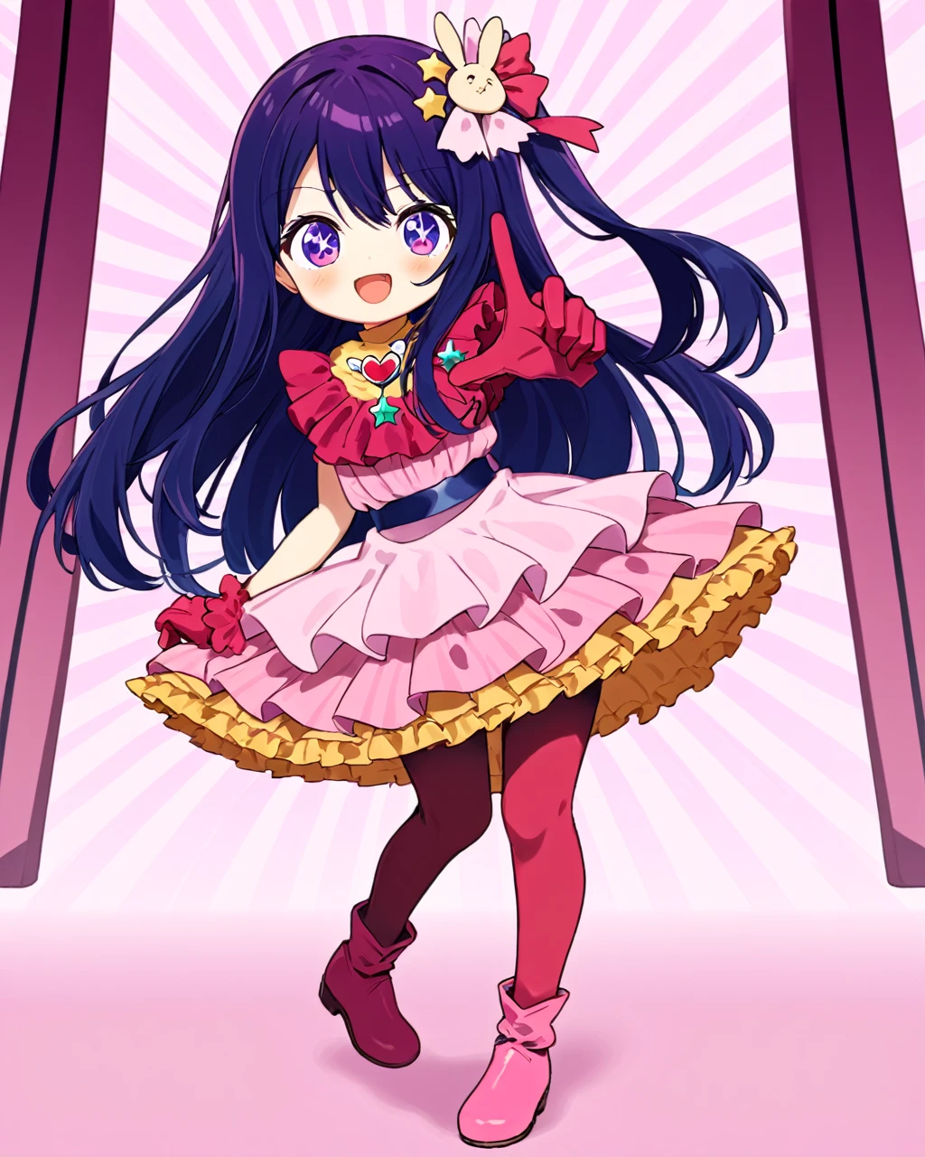 Ai Hoshino,One girl, 一人in, のsuperiore_eye_Closed, Rabbit_hair_ornament, Little, smile, pink_dress, Open_mouth, hair_bow, tooth, heart, gloves, ;d, sample_winermark, red_bow, frills_dress, pantyhose, Are standing_のsuperior_のsuperiore_foot, pink_footwear, red面, Looking_in_Audience, full_body, winermark, のsuperiore_~ side_superior, Idol, boots, Striped_Star-shaped background_psuperiorils,symbol-shaped_psuperiorils,. nice,Key Visual, Vibrant, Studio Anime,Award-winning, professiのsuperioral, Very detailed,High budget, CinemaScope