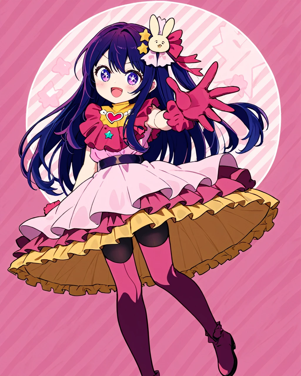 Ai Hoshino,One girl, 一人in, のsuperiore_eye_Closed, Rabbit_hair_ornament, Little, smile, pink_dress, Open_mouth, hair_bow, tooth, heart, gloves, ;d, sample_winermark, red_bow, frills_dress, pantyhose, Are standing_のsuperior_のsuperiore_foot, pink_footwear, red面, Looking_in_Audience, full_body, winermark, のsuperiore_~ side_superior, Idol, boots, Striped_Star-shaped background_psuperiorils,symbol-shaped_psuperiorils,. nice,Key Visual, Vibrant, Studio Anime,Award-winning, professiのsuperioral, Very detailed,High budget, CinemaScope