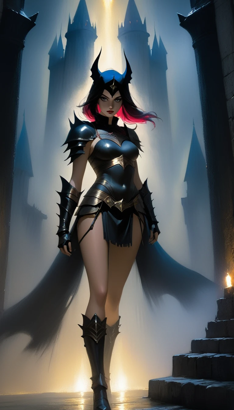 The sexy and dark warrior girl, dark castle, night(art inspired by Bill Sienkiewicz). oil painting)(best quality,4k,8k,highres,masterpiece:1.2),ultra-detailed,(realistic,photorealistic,photo-realistic:1.37),intricate details,vivid colors,sharp focus,professional,Dave McKean artwork, oil touch of surrealism,oil painting style
