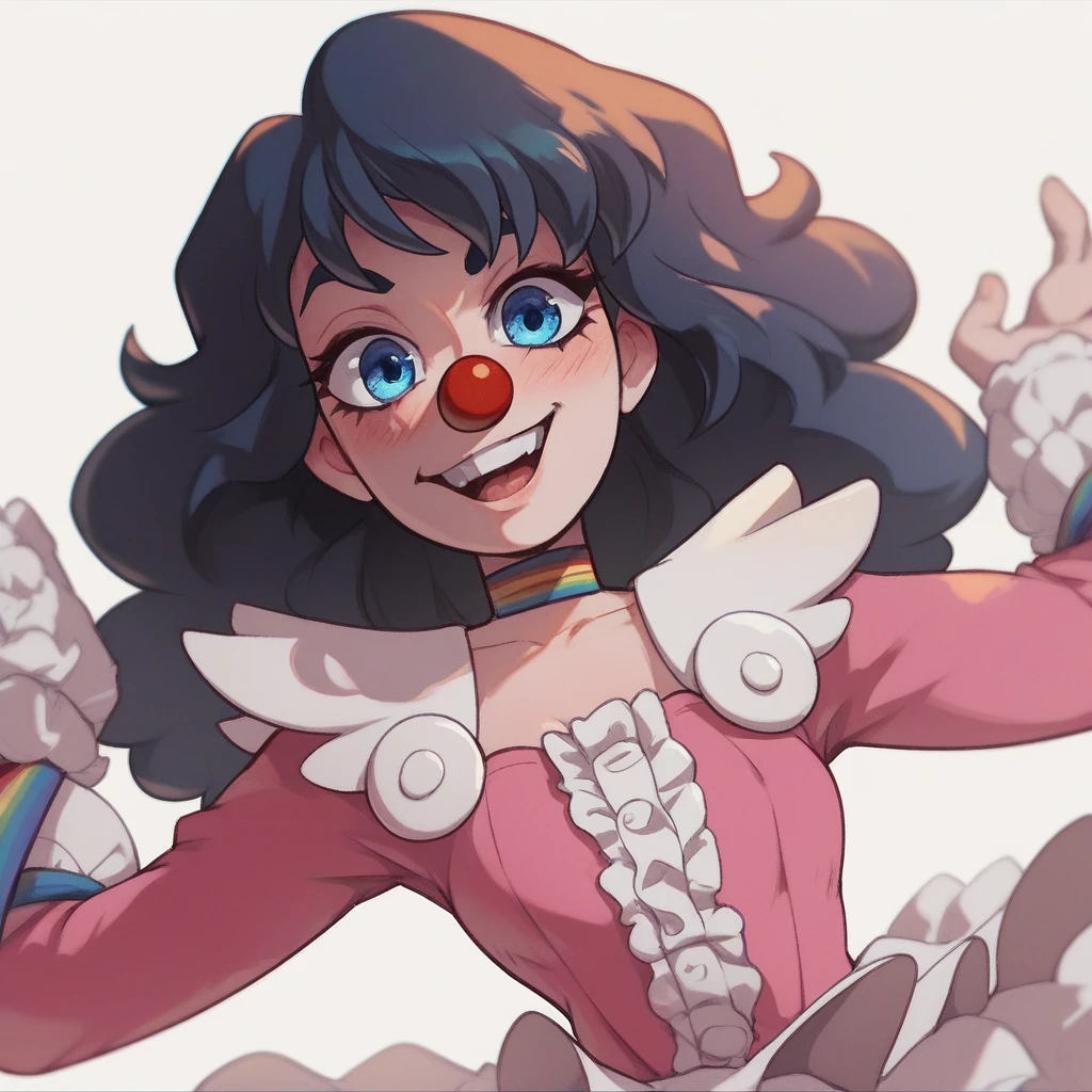 Ralph Bakshi Style, Curvy blue eyed girl with long wavy black hair and small breasts, clown-girl