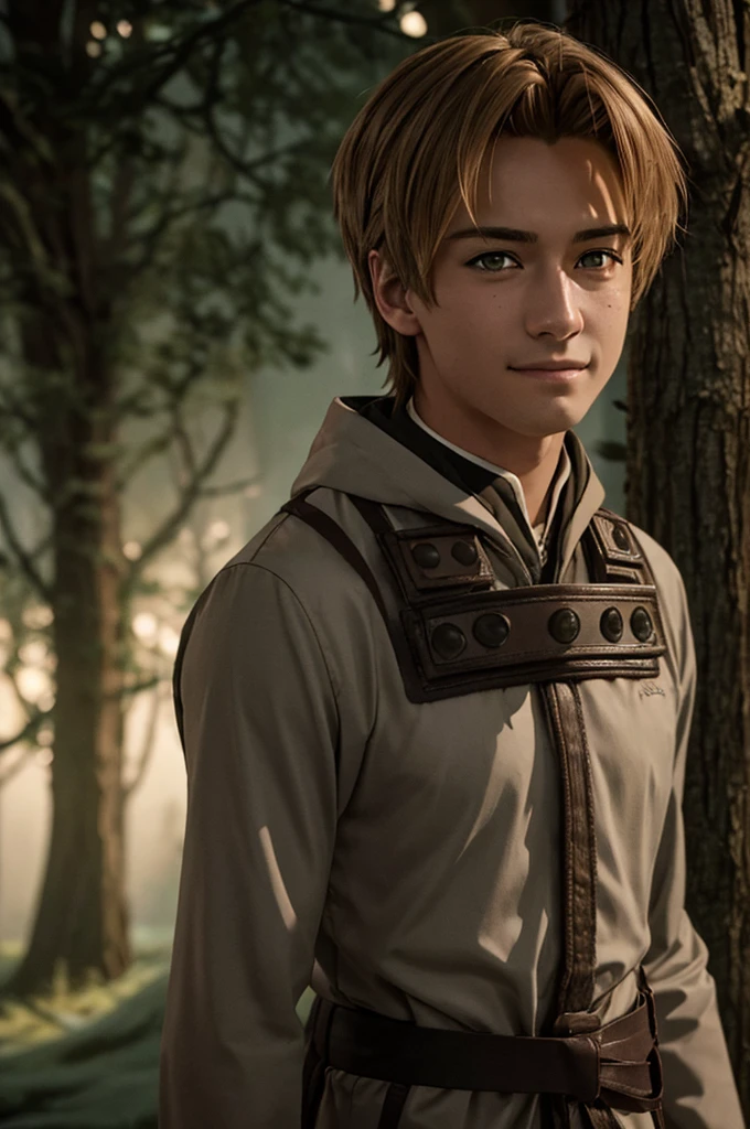 In realistic photo of high quality and detail, Rudeus Greyrat (Mushoku Tensei), 2000's movie style, 1man, full body, 18-year-old man, sharp features, detailed face, sad smiling expression, a tall, well-built man with a handsome appearance. He has light brown hair and green eyes, and he also has a mole under his left eye, dark and moody lighting, portrait, contrasting colors, subtle shadows, mysterious atmosphere, outdoors, dark forest on the background, he stands near the tree, (ultra-high detail:1.2), Masterpiece, Best Quality, Ultra-detailed, Cinematic lighting, 8K, delicate features, cinematic, 35 mm lens, f/1.9, highlight lighting, global lighting –uplight –v 4, Cinematic lighting, 8K, high quality, Highest Quality, (Solo Focus), (extremly intricate:1.3), (Realistic), masterful, Analog style, (Film grain:1.5), (warm hue, cold tone), Mystical powers, fantasy, Depth & Perspective, movie style, dark and mysterious atmosphere, 