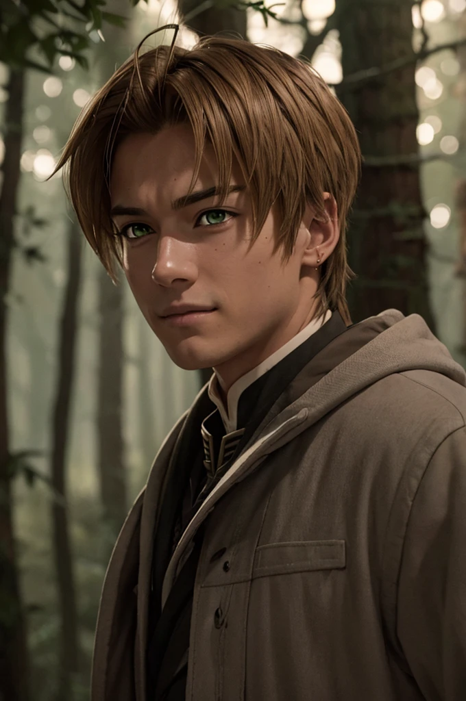 In realistic photo of high quality and detail, Rudeus Greyrat (Mushoku Tensei), 2000's movie style, 1man, full body, 18-year-old man, sharp features, detailed face, sad smiling expression, a tall, well-built man with a handsome appearance. He has light brown hair and green eyes, and he also has a mole under his left eye, dark and moody lighting, portrait, contrasting colors, subtle shadows, mysterious atmosphere, outdoors, dark forest on the background, he stands near the tree, (ultra-high detail:1.2), Masterpiece, Best Quality, Ultra-detailed, Cinematic lighting, 8K, delicate features, cinematic, 35 mm lens, f/1.9, highlight lighting, global lighting –uplight –v 4, Cinematic lighting, 8K, high quality, Highest Quality, (Solo Focus), (extremly intricate:1.3), (Realistic), masterful, Analog style, (Film grain:1.5), (warm hue, cold tone), Mystical powers, fantasy, Depth & Perspective, movie style, dark and mysterious atmosphere, 