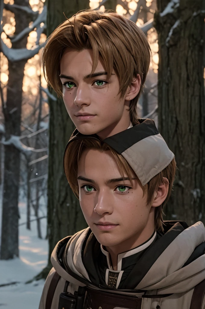 In realistic photo of high quality and detail, Rudeus Greyrat (Mushoku Tensei), 2000's movie style, 1man, full body, 18-year-old man, sharp features, detailed face, sad smiling expression, a tall, well-built man with a handsome appearance. He has light brown hair and green eyes, and he also has a mole under his left eye, dark and moody lighting, portrait, contrasting colors, subtle shadows, mysterious atmosphere, outdoors, dark forest on the background, he stands near the tree, (ultra-high detail:1.2), Masterpiece, Best Quality, Ultra-detailed, Cinematic lighting, 8K, delicate features, cinematic, 35 mm lens, f/1.9, highlight lighting, global lighting –uplight –v 4, Cinematic lighting, 8K, high quality, Highest Quality, (Solo Focus), (extremly intricate:1.3), (Realistic), masterful, Analog style, (Film grain:1.5), (warm hue, cold tone), Mystical powers, fantasy, Depth & Perspective, movie style, dark and mysterious atmosphere,