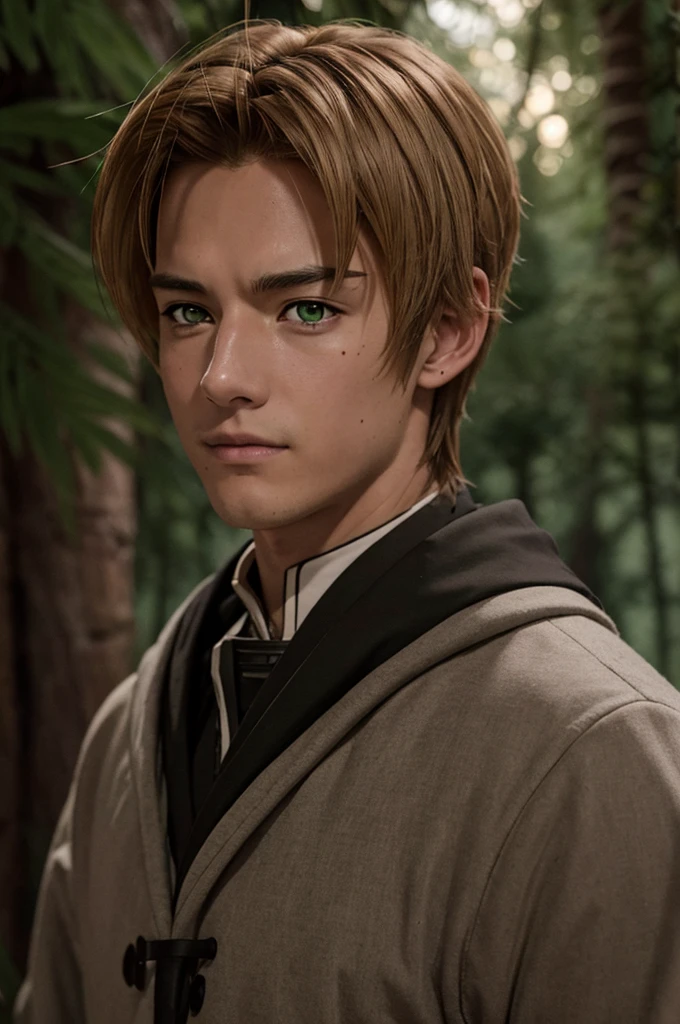 In realistic photo of high quality and detail, Rudeus Greyrat (Mushoku Tensei), 2000's movie style, 1man, full body, 18-year-old man, sharp features, detailed face, sad smiling expression, a tall, well-built man with a handsome appearance. He has light brown hair and green eyes, and he also has a mole under his left eye, dark and moody lighting, portrait, contrasting colors, subtle shadows, mysterious atmosphere, outdoors, dark forest on the background, he stands near the tree, (ultra-high detail:1.2), Masterpiece, Best Quality, Ultra-detailed, Cinematic lighting, 8K, delicate features, cinematic, 35 mm lens, f/1.9, highlight lighting, global lighting –uplight –v 4, Cinematic lighting, 8K, high quality, Highest Quality, (Solo Focus), (extremly intricate:1.3), (Realistic), masterful, Analog style, (Film grain:1.5), (warm hue, cold tone), Mystical powers, fantasy, Depth & Perspective, movie style, dark and mysterious atmosphere, 