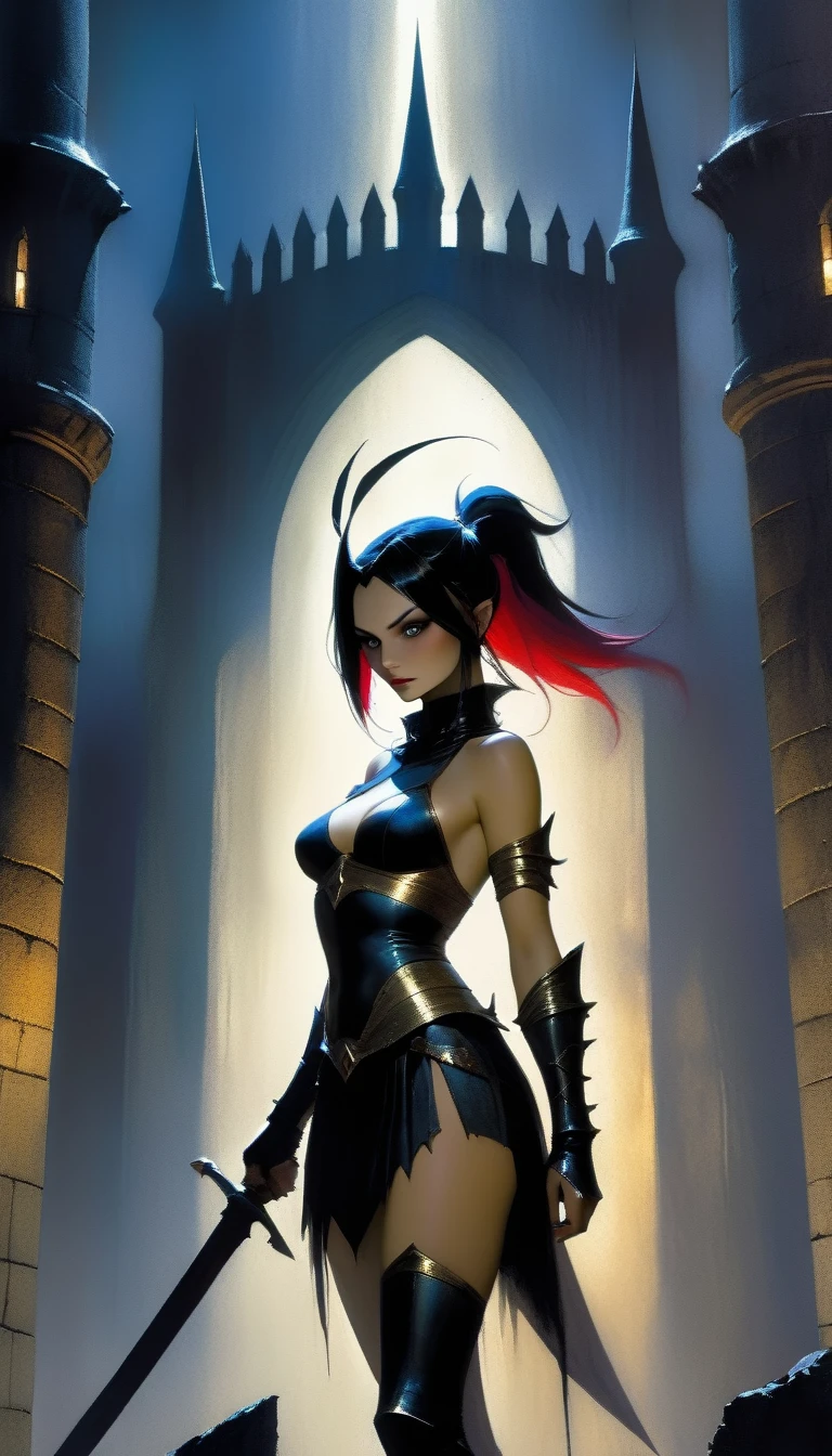 The sexy and dark warrior girl, dark castle, night(art inspired by Bill Sienkiewicz). oil painting)(best quality,4k,8k,highres,masterpiece:1.2),ultra-detailed,(realistic,photorealistic,photo-realistic:1.37),intricate details,vivid colors,sharp focus,professional,Dave McKean artwork, oil touch of surrealism,oil painting style