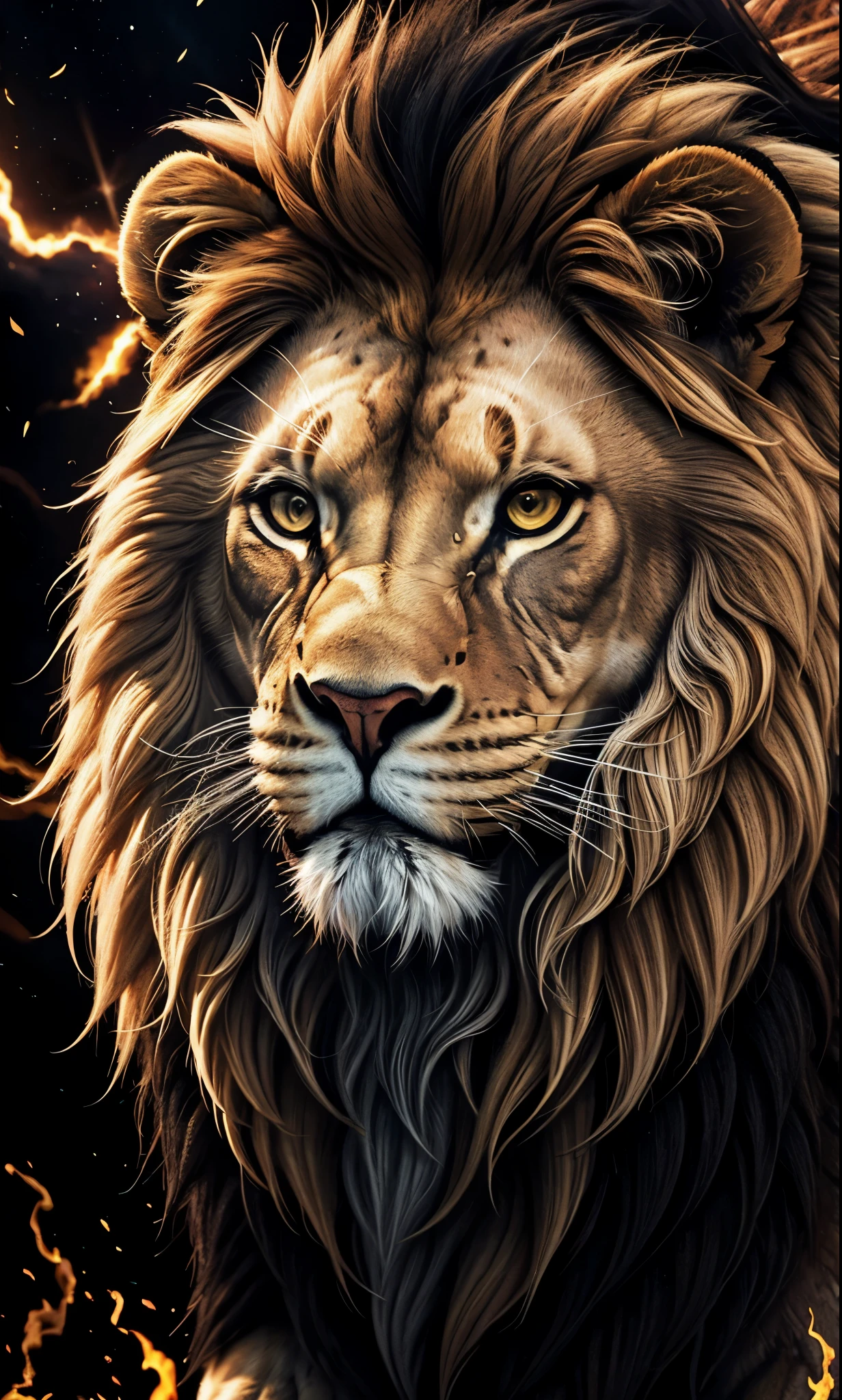 Lion, Divine Lion, naturals, naturals, ferocious, masculine, mighty, golden lion, Thunder Storm, fire rays, Energy, Powerful Lion, Beautiful nature, Great Realistic Lion, FullHD 8K, Sky ligh, Sunset Night, Ligh Sky Sun, Balck Golden, black andwhite, black and gold, detailed realistic face, 8K Detailed Realistic White Lion, Ultrarealistic 8k |, Energia de thunder realista detalhada, Strong Creature realista detalhada, Strong Creature, Lion macho, Rendering, Fotorrealista 8K, UltraHD Alta definição 8K, Detailed Realistic 16K, Nitidez Fotorrealista 8K, 16K photorealistic textures, Contraste Fotorrealista 8K, Sombras Fotorrealistas 8K, Luzes Fotorrealistas 8K, Detailed realistic sunset, Detailed Realistic Lion Face, Detailed realistic light, detailed textures, thunder, detailed shadows, detailed colors, Celestial Electricity, Golden thunder, Lion realista, Ultra Realistic 16K, Realistic 16K, Realistic 16K sharpness, 16K photorealistic textures, 16K realistic colors, powerful creature, Majestic power, Power of Heaven, Great Divine, detailed contrast, realistic contrast, high resolution, detailed colors, fire, villany, divine creature, 8K, realistic detailed, 16K, 8K, High definition, detailed contrast, realistic contrast, high resolution, detailed colors, fire, villany, divine creature, realistic detailed, posh, chic