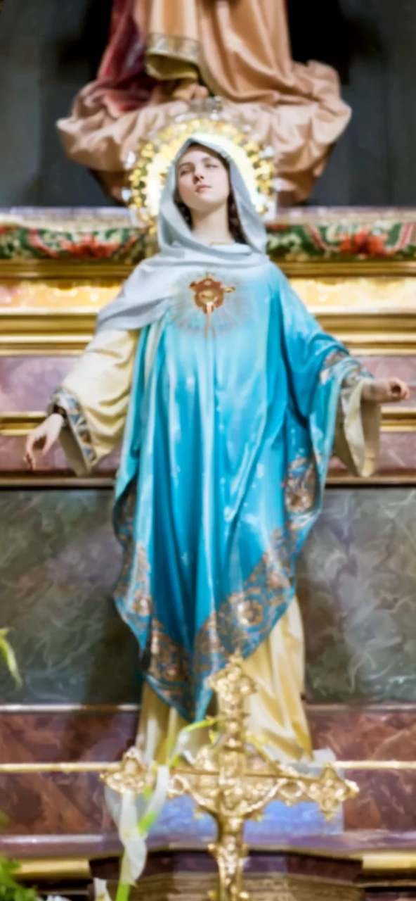 (((Blessed Virgin Mary. 19 years old))) (((RETRO VINTAGE IMAGE))) ((( With a serious and pious face. With a sweet and tender look))) (Masterpiece, Superior quality, Best Quality, Official Art, beautiful and aesthetic: 1.2), (1girl), extremely detailed, (fractal art: 1.3), colorful, highest detailed, Perfect face, Upper part of the body, HDR, (praying: 1.3), (golden lines of white coat: 1.2), Galaxy, (light streaks), eye-catching visuals, (dynamic stripes, luminous trails: 1.2), vibrant colors,