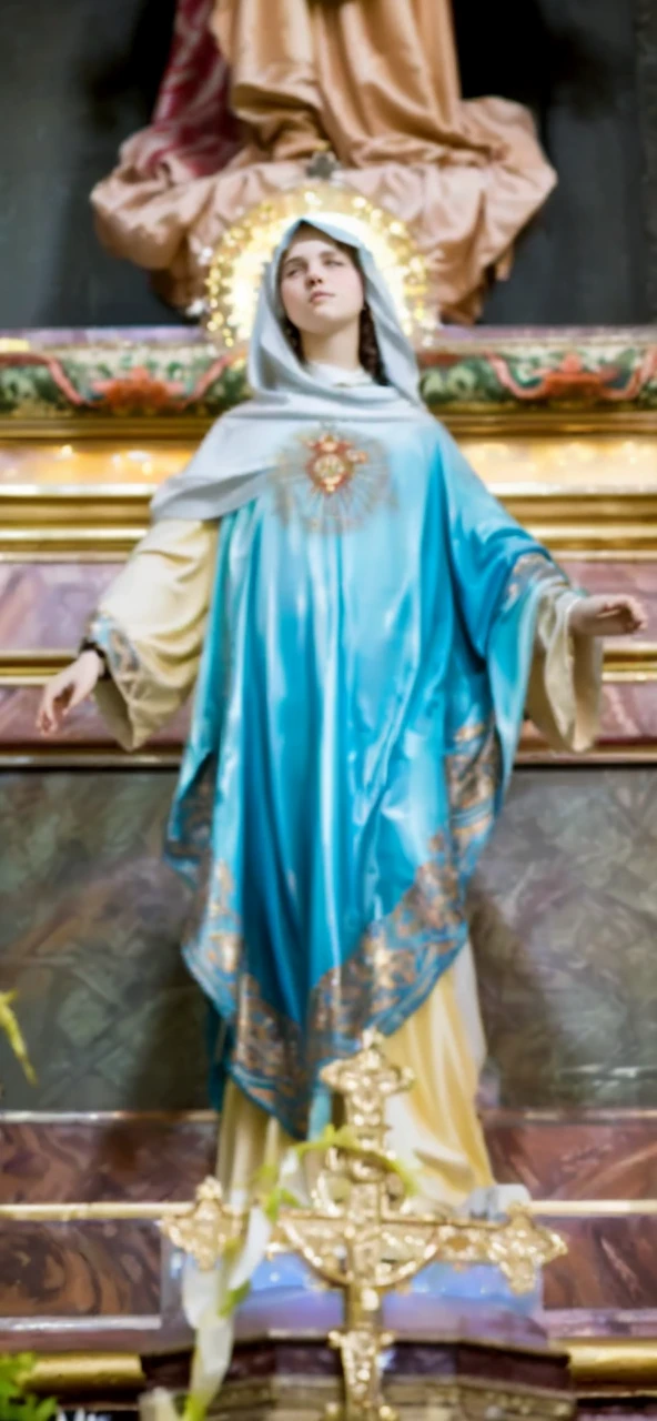 (((Blessed Virgin Mary. 19 years old))) (((RETRO VINTAGE IMAGE))) ((( With a serious and pious face. With a sweet and tender look))) (Masterpiece, Superior quality, Best Quality, Official Art, beautiful and aesthetic: 1.2), (1girl), extremely detailed, (fractal art: 1.3), colorful, highest detailed, Perfect face, Upper part of the body, HDR, (praying: 1.3), (golden lines of white coat: 1.2), Galaxy, (light streaks), eye-catching visuals, (dynamic stripes, luminous trails: 1.2), vibrant colors,
