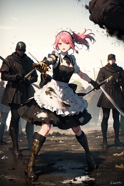 (((Highest quality)))(((High resolution)))((detailed))((Attention to detail))(Draw the whole body)cute, Pink Hair, Small breasts, Maid clothes(白と黒のMaid clothes,Black Dress, White apron, Headband, Classic, Long skirt), (Fighting with a large sword in hand), Double-handed sword(Western design), Burning Battlefield, A super-strong enemy in front of me, Clothes are torn by enemy attacks, The clothes are dirty, ((Clothes are dirty with soot and mud:1.6))((Clothes are tattered:1.6)), A Close Battle, fierce fighting, Fierce Battle, 敵の攻撃でMaid clothesがボロボロ, Covered in mud, Covered in soot, sparks, Desperate, (The whole body is battered), wasteland, 