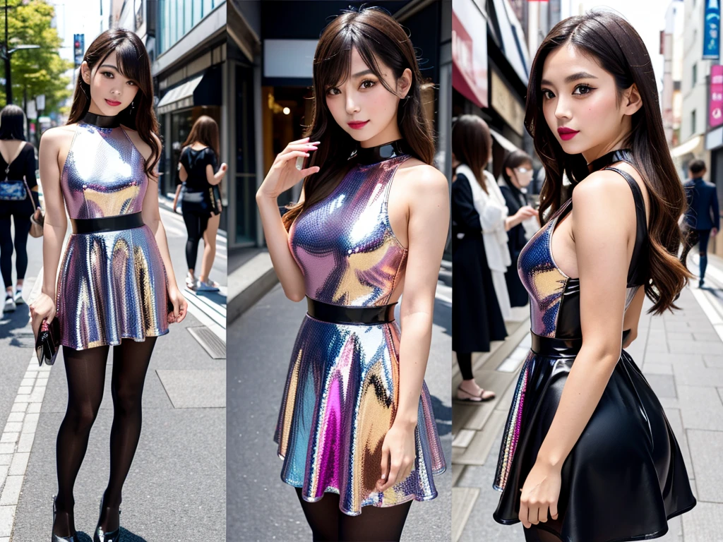 high quality, high resolution,Scenery of the city in Japan,One girl with multiple girls in the background,Detailed output of the girl in the background,Spandex dress,The girl in the background is also wearing the same dress.,Multicolored Dresses,Wearing super shiny pantyhose,Brainwashing Makeup,Heavy makeup,Dark eyeshadow,Dark lipstick