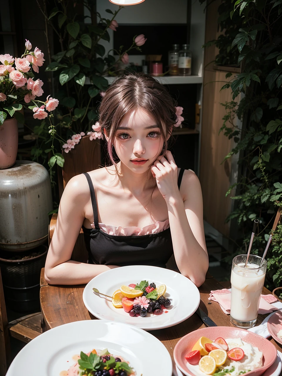 Light pink hair, pink eyes, pink and white, sakura leafs, vivid colors, white dress, paint splash, simple background, ray tracing, wavy hair