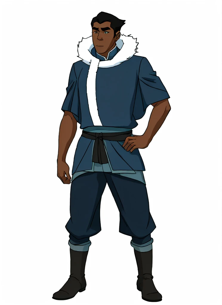 African-American dark-skinned low short hair style, low shaky hair, skinny, low short hair. waist:% A deep blue uniform cloth cloak decorated with white fur, water tribe outfit. Fur collar, dark purple pants casual water tribe outfit 