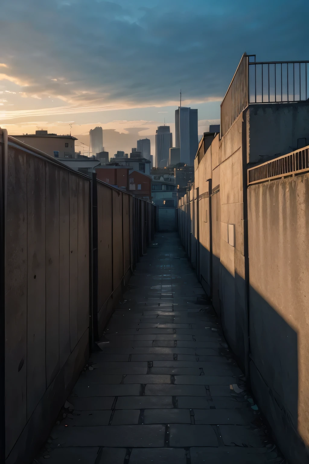 create an image of a wall, in the background a city in shadow with yellow lights on the buildings