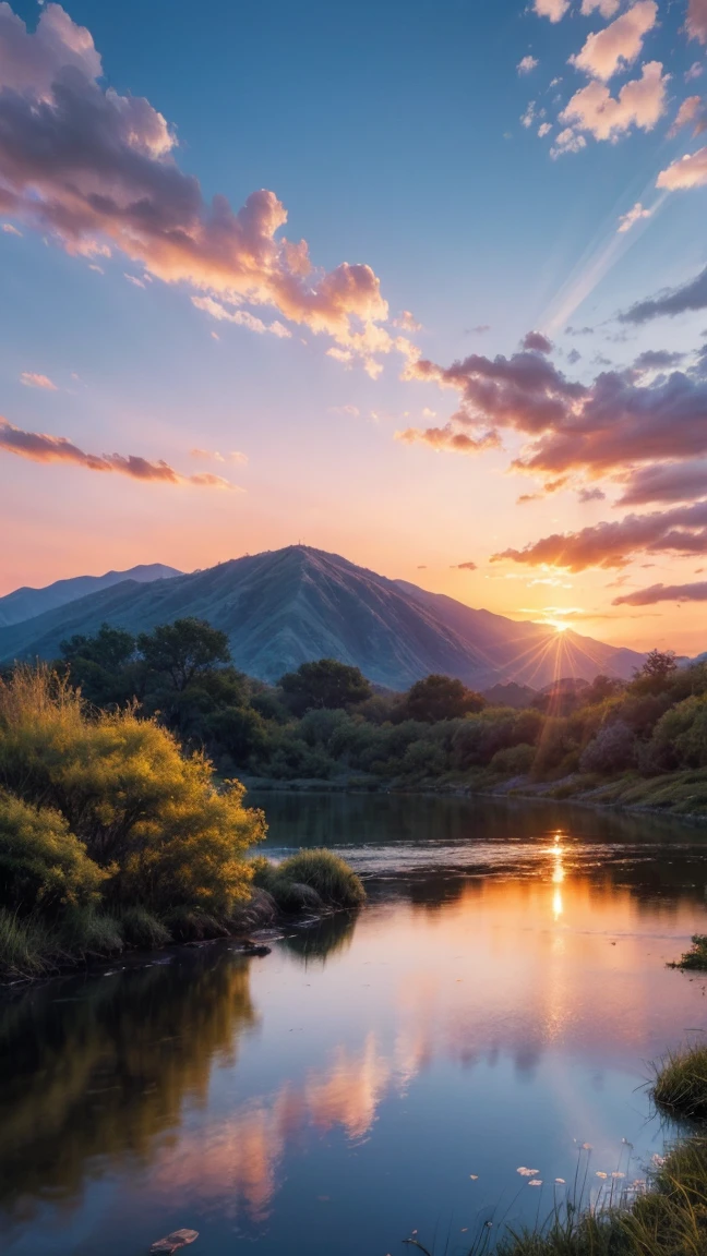 There was a beautiful sunrise, Left side a tree with its long branches creating a light sound for the viewer, The hillside is covered in flowers and grass and butterflies , The flowers are nearby, colored sky, surreal colors, colorful sunrise, colored sky, Wonderful reflection of the sky, Stunning sky, dream like atmosphere 8k, colorful clouds, Colors reflected in the river like current and stones in its bed, surreal sky, red and blue reflections, the reflection of the fire, beautiful sky, beautiful and spectacular sunset, Beautiful dream landscape, Stunning sky
