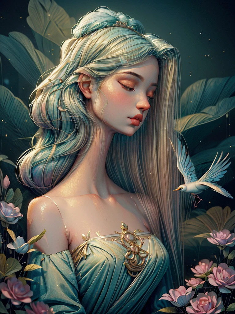 Create a captivating portrait of a Baroque-era woman with a complexion as pale as moonlight. She dons an extravagant, towering white powdered wig typical of the Baroque period, adorned with delicate Victorian birds nestled among its curls. Vivid splashes of blue, green, and pink birds perch as if in a miniature aviary atop her wig, while golden musical notes cascade through her hair. The woman is captured in profile, her expression serene yet contemplative. Her eyes, half-closed, convey deep introspection, yet the gentle curve of her lips suggests a subtle, enigmatic smile, hinting at inner thoughts unknown.