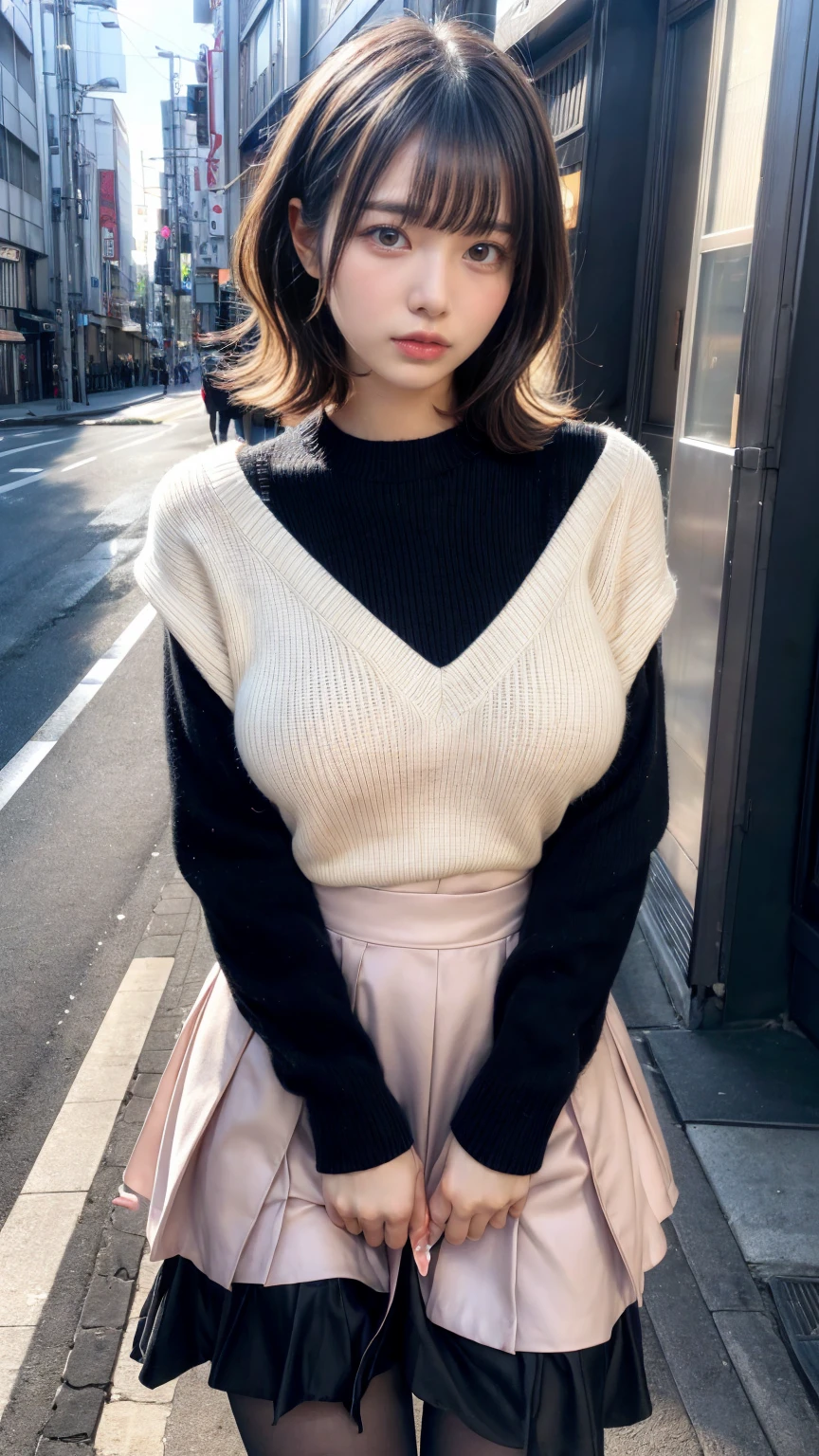 muste piece, best quality, illustration, Super detailed, fine details, High resolution, 8K,wall paper, perfect dynamic composition,(Details High quality, realistic depiction of eyes:1.3), short hair, (wavy hair:1.2),  Gorgeous and stylish black fluffy latest trend Tokyo winter clothes, wool sweater, A-line skirt, Layered Cut, black hair color, Big Natural Color Lip, sexy pose, crying a little、cold gaze, Harajuku style、20 year old girl、cute type、lolita, hposing Gravure Idol, full body photo、focus on crotch, huge breasts