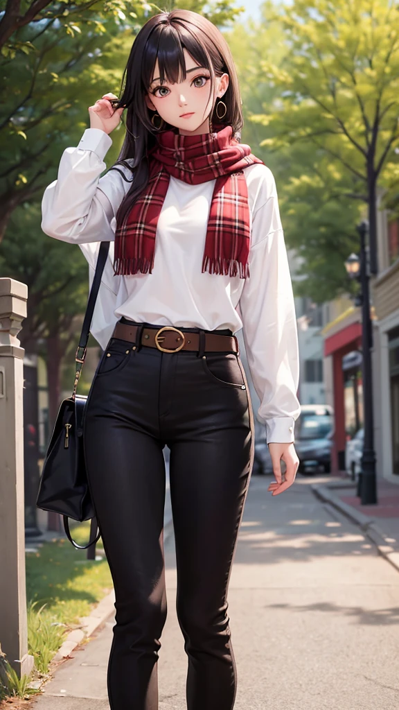 1girl, solo, long hair, breasts, looking at viewer, plaid blush, bangs, colored eyes, plaid shirt, caesius hair ,long sleeves, jewelry, medium breasts, closed mouth, standing, cowboy shot, earrings, outdoors outdoors, lips scabbed cheek, half-open, day, belt, pants, tree, lips, plaid, turtleneck, black pants, plant, jeans, tucked-in shirt, brown belt, small scarf, light lips,
