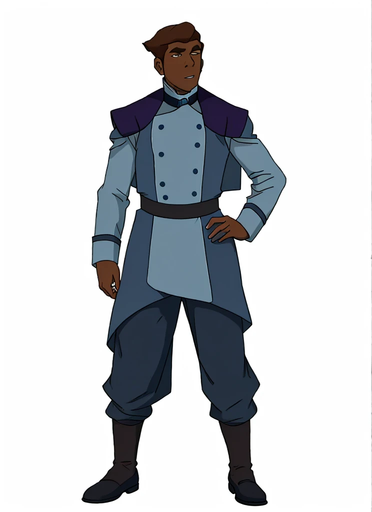 African-American dark-skinned low short hair style, low shaky hair, skinny, low short hair. waist:% A deep blue uniform cloth cloak decorated with white fur

A purple uniform cloth coat with blue long sleeves, facing forward 

A deep blue uniform cloth pants

A pair of dark grey leather arm bands with brown border

A dark grey leather choker with buttons

A purple uniform cloth girdle, dark purple pants 