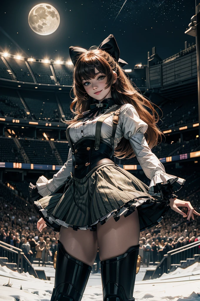 cowboy shot, (dynamic pose), smile, underbust, Penny Polendina, long hair, neck ribbon, suspender skirt, corset, black bow, white blouse, mechanical legs, neon trim, standing, in sport stadium, spectators, crowd, BREAK night, stars, moon, snow, BREAK (volumetric lighting), intricate details, tonemapping, sharp focus, hyper detailed