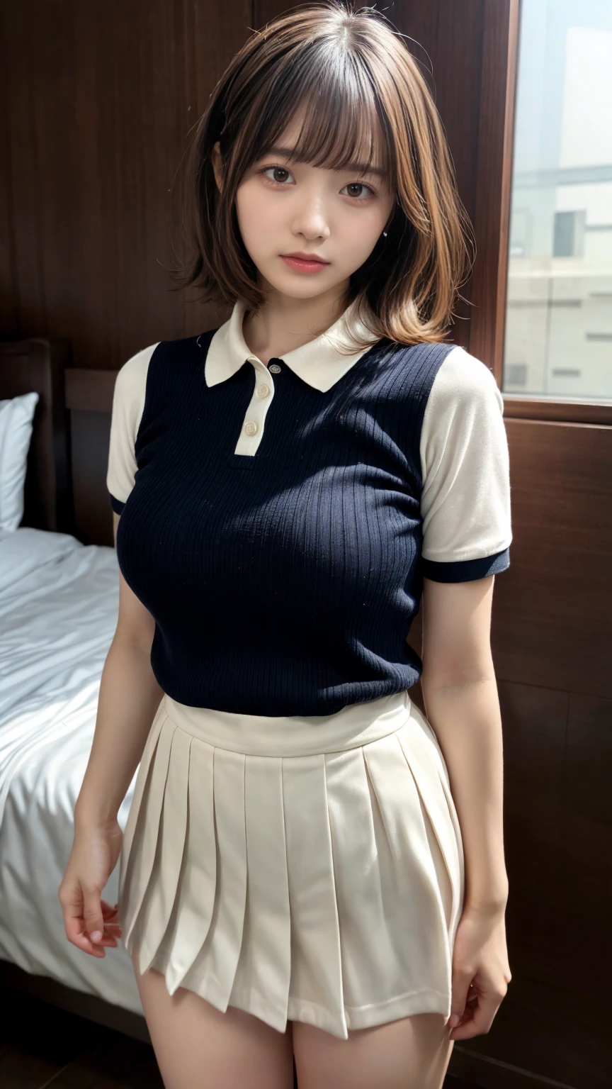 muste piece, best quality, illustration, Super detailed, fine details, High resolution, 8K,wall paper, perfect dynamic composition,(Details High quality, realistic depiction of eyes:1.3), short hair, (wavy hair:1.2), (Polo shirt with collar), pleated skirt, Layered Cut, black hair color, Big Natural Color Lip, hotel room, crying a little、cold gaze, Harajuku style、20 year old girl、cute type、ta, Gravure Idol, full body photo、focus on crotch, huge breasts