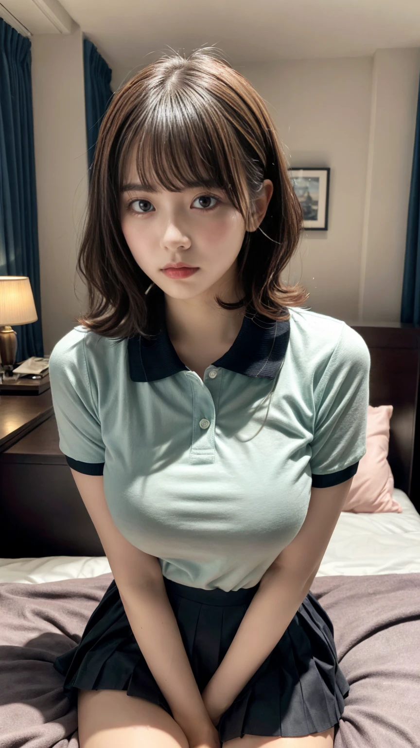 muste piece, best quality, illustration, Super detailed, fine details, High resolution, 8K,wall paper, perfect dynamic composition,(Details High quality, realistic depiction of eyes:1.3), short hair, (wavy hair:1.2), (Polo shirt with collar), pleated skirt, Layered Cut, black hair color, Big Natural Color Lip, hotel room, crying a little、cold gaze, Harajuku style、20 year old girl、cute type、ta, Gravure Idol, full body photo、focus on crotch, huge breasts