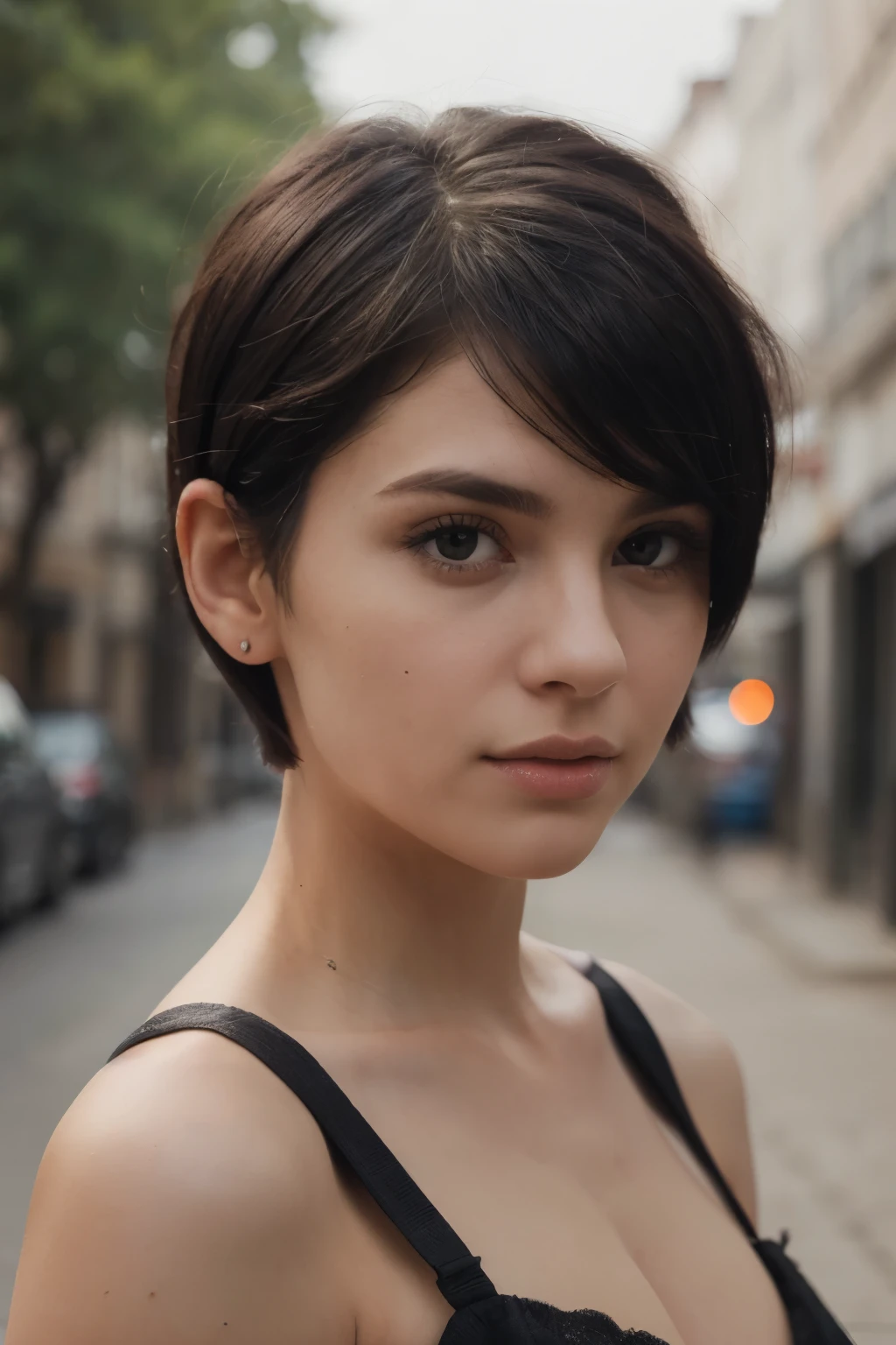 8k, RAW photo, best quality, ultra high resolution, photorealistic, realistic photo, portrait of a slim girl with black bob asymmetric undercut haircut