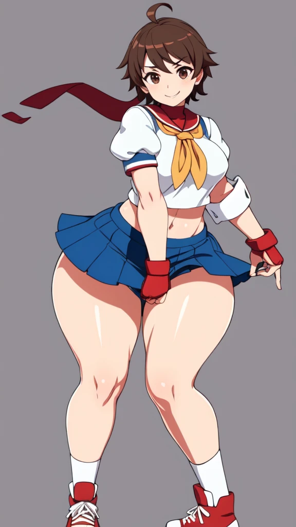 masterpiece, Highest quality, High resolution, 1girl, solo, Sakura MS, kasugano sakura, milf, shiny, oily skin, Brown eyes, Brown Hair, short hair, bangs, Ahoge, head band, , Puffy sleeves, Crop top, neckerchief, midriff, ((blue mini skirt)), ultra short skirt, Fingerless gloves, Thighs Thighs Thighs, (thick thighs, voluptuous thighs, ample thighs), White socks, Red footwear, Very detailed, More detailed,Proper body balance,Ultra-high quality output images,High resolution,Intricate details,Very delicate and beautiful hair, simple background, smile, discovery stance, bare legs, full body, (from side:0.7),